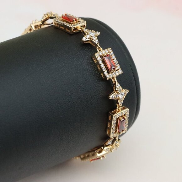 "Rose Gold Bracelet with Red Baguette Stones and Star CZ Links, XPBL0818 - Picture 7 of 12